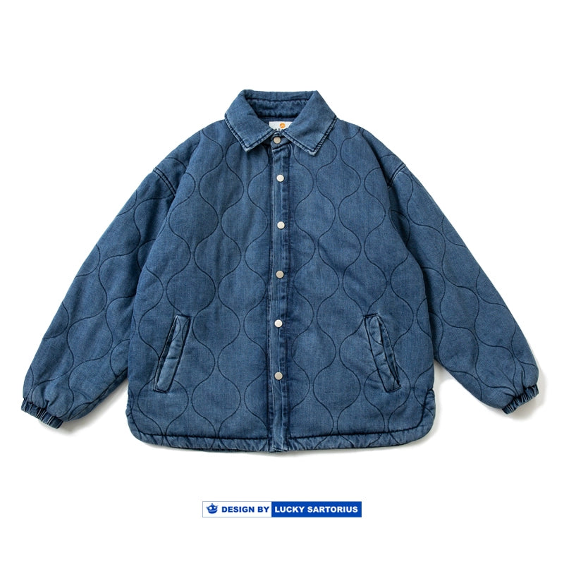 Japanese cityboy loose drop-shoulder sleeves washed denim cotton-padded jacket men's coach cotton-padded jacket youth jacket