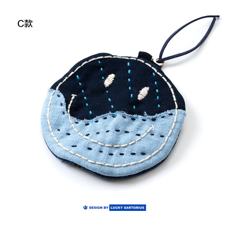 Handmade embroidered indigo fabric smiley coin purse