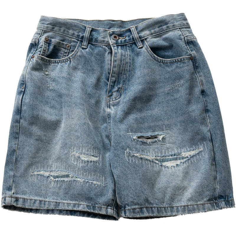 Japanese cityboy loose straight patch embroidered patch washed distressed denim shorts men's and women's trend