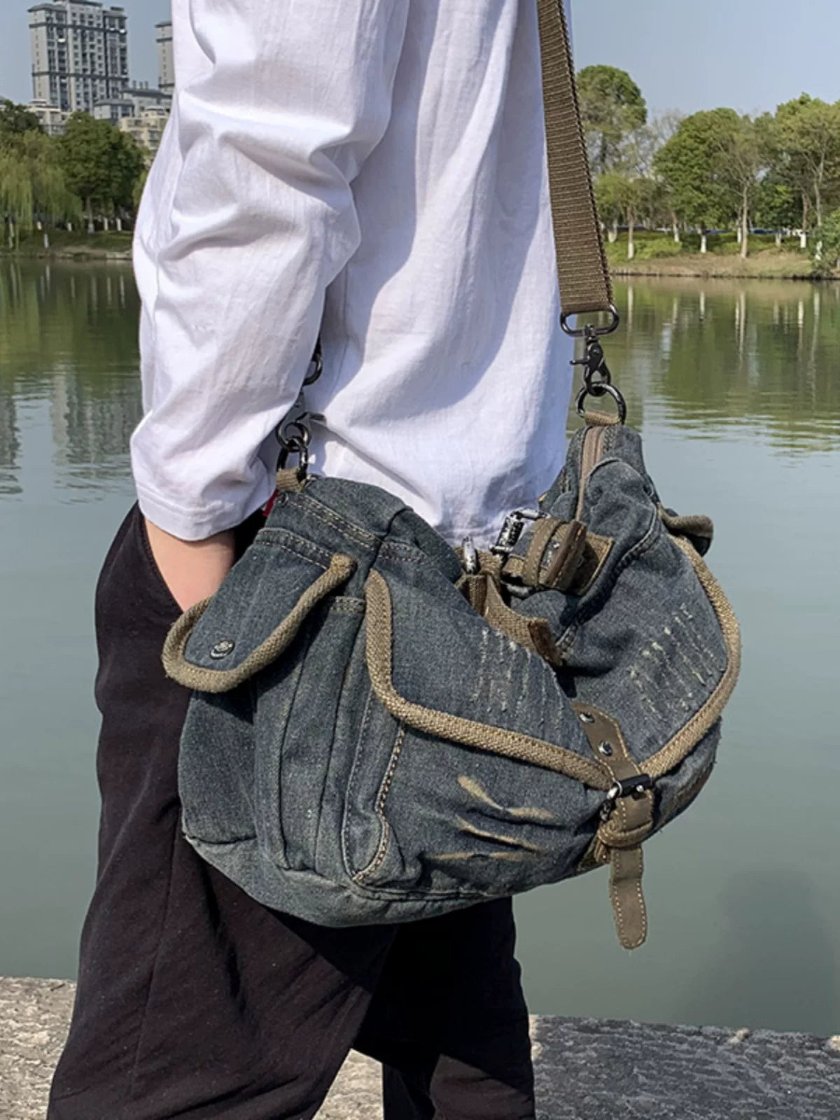 Washed Denim Leather Tote Bag – Vintage 3-Way Shoulder Crossbody Unisex – Bags | japanese streetwear | vintage workwear | unisex | Yamalinclothes