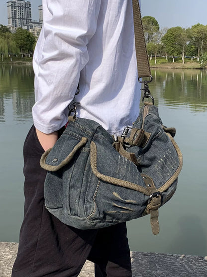 Washed Denim Leather Tote Bag – Vintage 3-Way Shoulder Crossbody Unisex – Bags | japanese streetwear | vintage workwear | unisex | Yamalinclothes