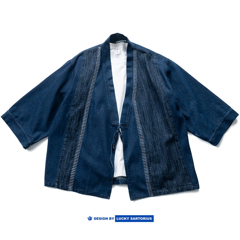 Japanese ethnic style embroidery denim multi-material stitching, loose and lazy, casual retro robe, jacket for men and women