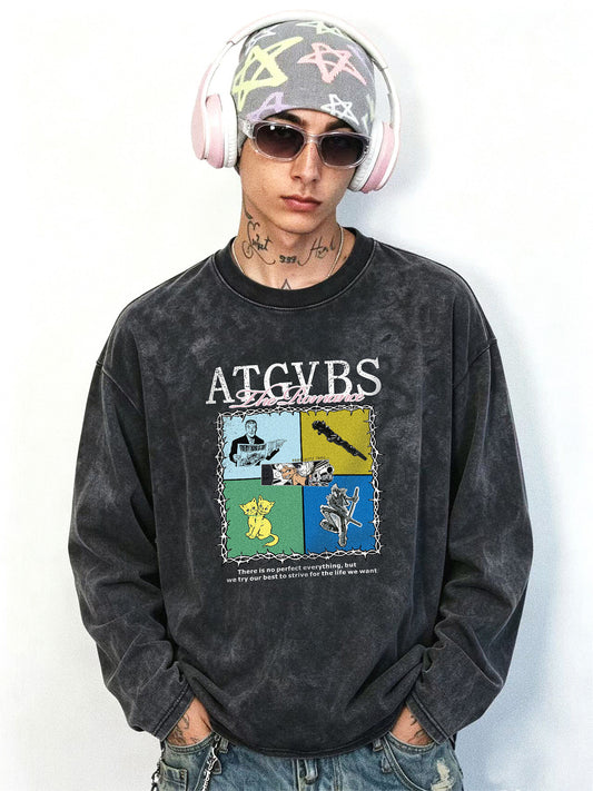 Thorn Colorblock Vintage American Printed Distressed Washed Loose Original Printed Long-Sleeve T-Shirt for Men and Women Made of Pure Cotton – Japanese vintage | yamalin clothes | Yamalinclothes
