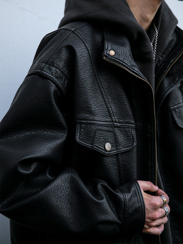 American Vintage Pebbled Leather Moto Jacket – Oversized Stand Collar Men's Coat