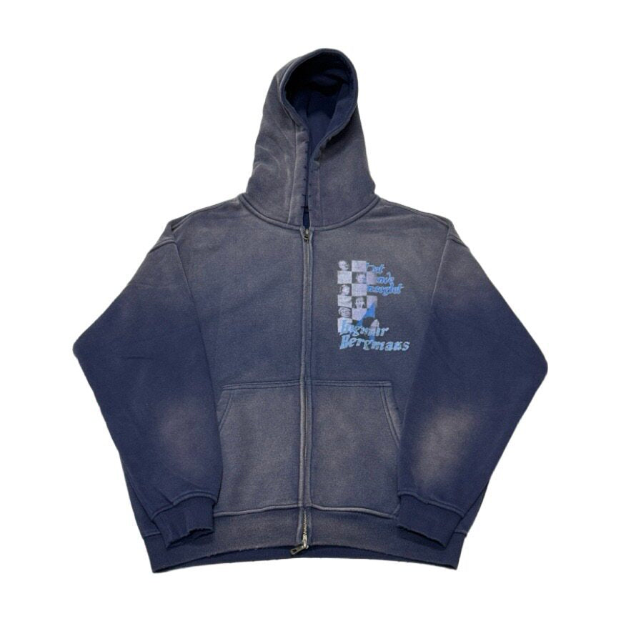 Vintage Faded Fleece Zip-Up Graphic Hoodie – Men's Oversized Navy Sweatshirt – Japanese vintage | yamalin clothes | Yamalinclothes