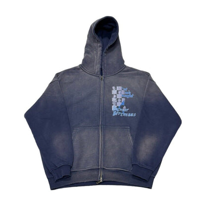 Vintage Faded Fleece Zip-Up Graphic Hoodie – Men's Oversized Navy Sweatshirt – Japanese vintage | yamalin clothes | Yamalinclothes