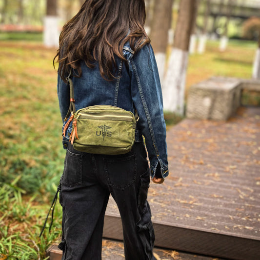 Vintage Military Canvas Crossbody Bag – Heavyweight Chest Waist Bag – Japanese vintage | yamalin clothes | Yamalinclothes