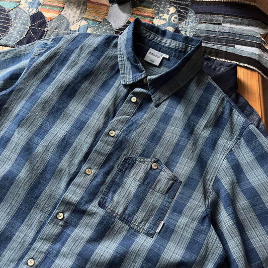 Japanese retro summer menswear washed indigo texture plaid short sleeve shirt loose casual fit shirt for men and women