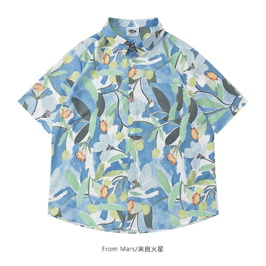 Japanese retro floral full-print short-sleeved shirt tide oversize lovers cardigan