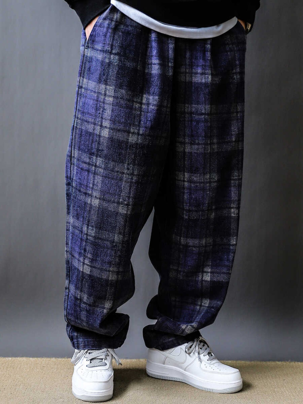 Japanese retro plaid pants men's loose straight leg wide-leg casual long pants trendy brand 2024 spring and autumn versatile silhouette