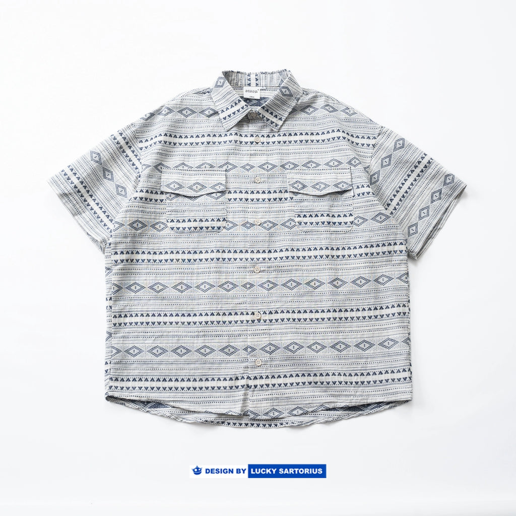 Japanese ethnic style, loose casual dropped shoulders, yarn-dyed cotton fabric, short-sleeved shirts, shirts, men's and women's jackets