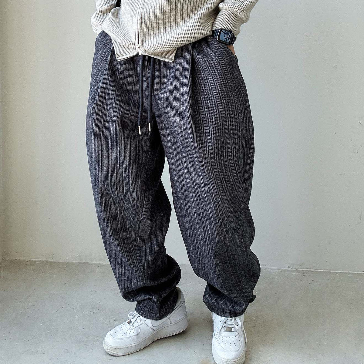 Herringbone Woolen Pants – Relaxed Straight Leg