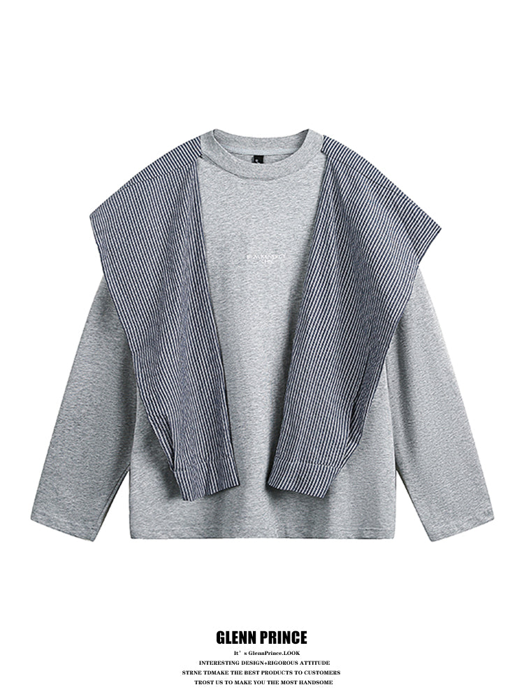 Korean hooded shawl fake two long-sleeved T-shirts men's new spring lazy style relaxed top