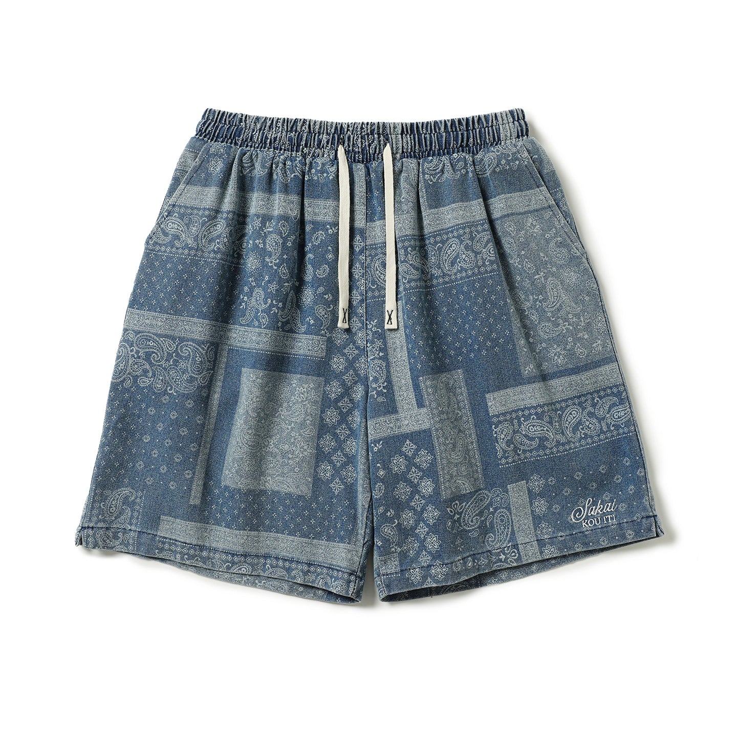 Vintage distressed cashew flower pattern casual shorts for men and women Japanese drawstring versatile beach men's pants