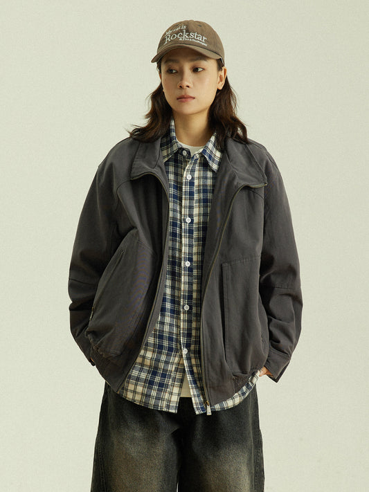 Vintage Patchwork Stand-Collar Jacket – Oversized Unisex Zip Pocket Coat