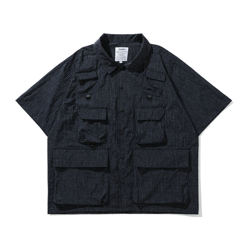 Summer outdoor functional wind three-proof fabric multi-pocket workwear wind multi-pocket loose shirt shorts suit men's wear