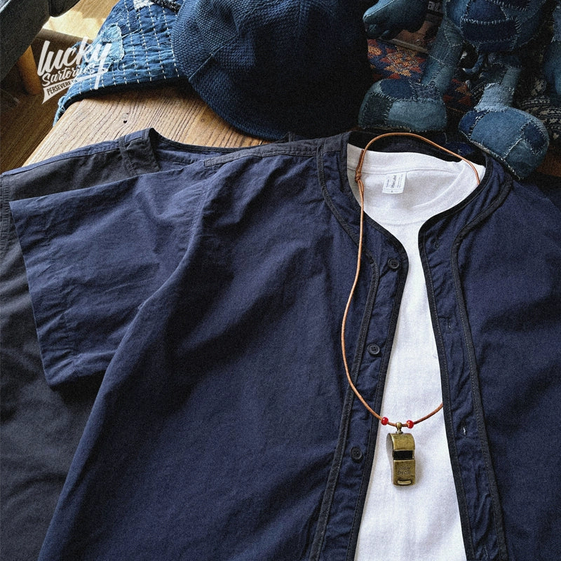 Japanese cityboy style loose version collarless short-sleeved shirt summer youth casual color matching shirt jacket men