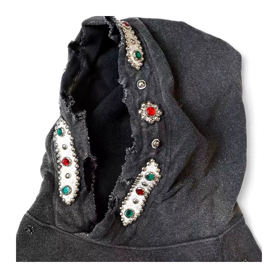 Kapital 25AW Bieber Same Hooded Sweatshirt - Japanese Batik Washed Destruction Gemstone Style