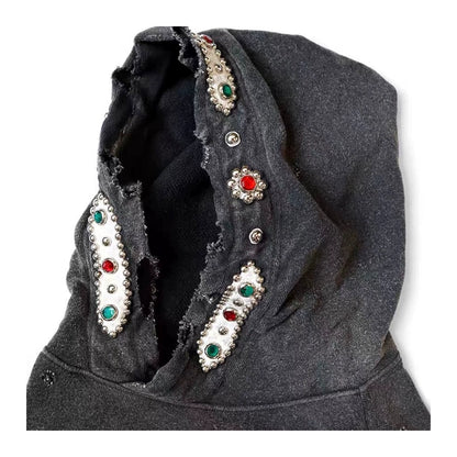 Kapital 25AW Bieber Same Hooded Sweatshirt - Japanese Batik Washed Destruction Gemstone Style