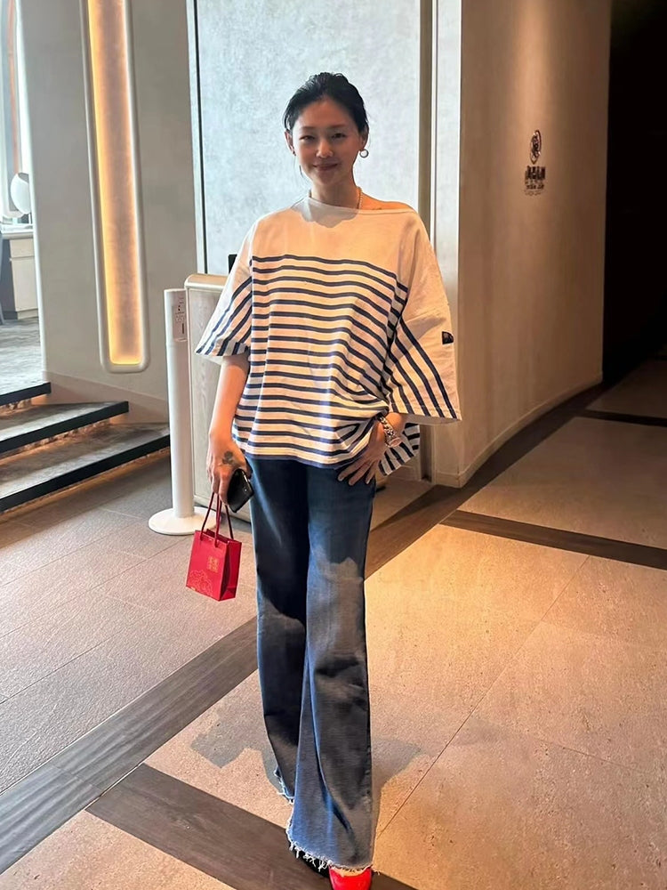 striped color-blocking three flags five-point sleeve round neck loose short-sleeved T-shirt