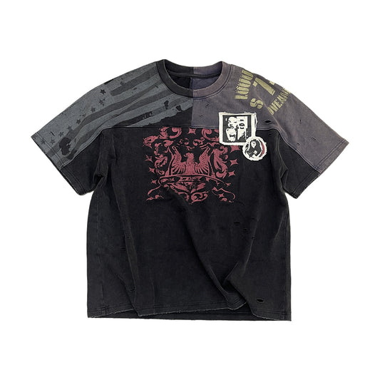 Distressed Patchwork Short Sleeve Shirt – Retro American Streetwear Unisex