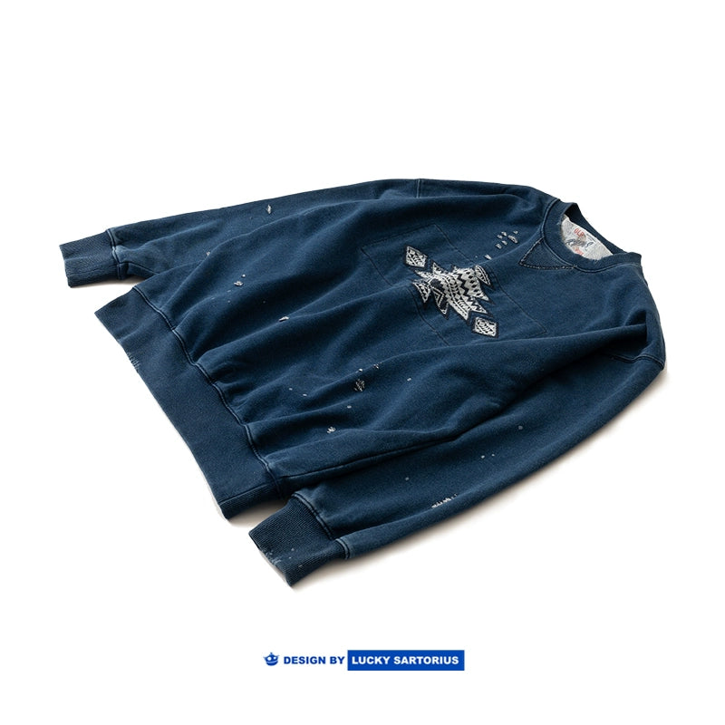 Japanese men's ethnic style patch indigo washed round neck pullover sweatshirt autumn and winter top men's and women's trend