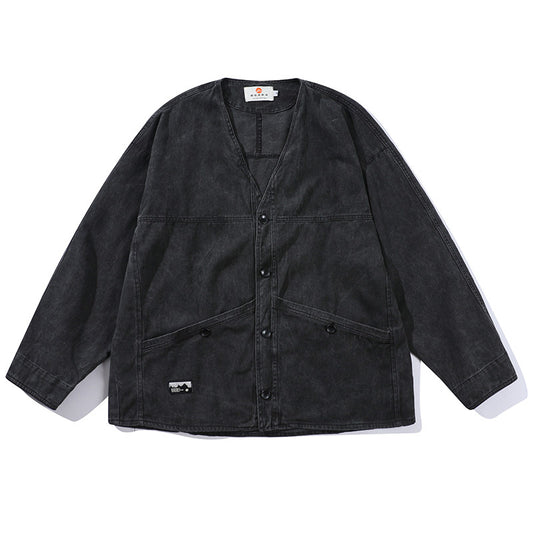 Japanese spring v-neck cardigan loose simple top brushed collarless robe jacket ins spring thin jacket men