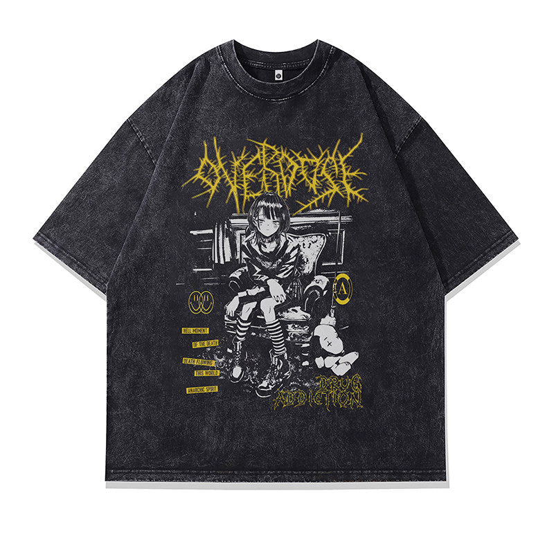 Washed Anime Print Loose T-Shirt – Vintage Unisex Streetwear
