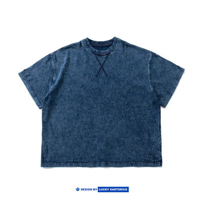 American Vintage Washed Ripped Loose T-Shirt - Unisex Crew Neck Pure Cotton Short Sleeve Tee