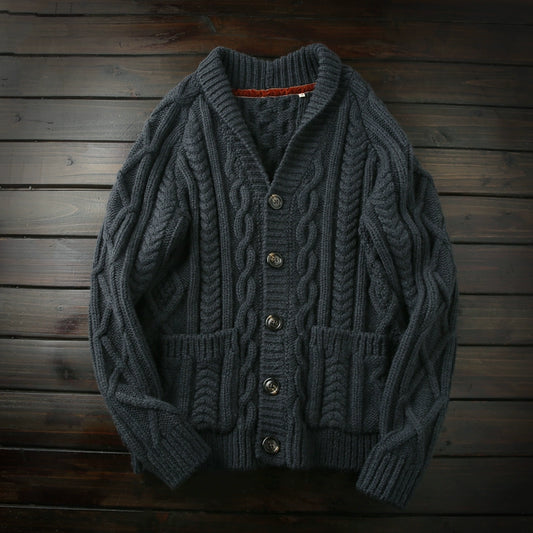 Rare and Heavyweight: 100% Wool Italian Order Men's Fall/Winter Thick Knitted Cardigan Sweater with Turn-Down Collar