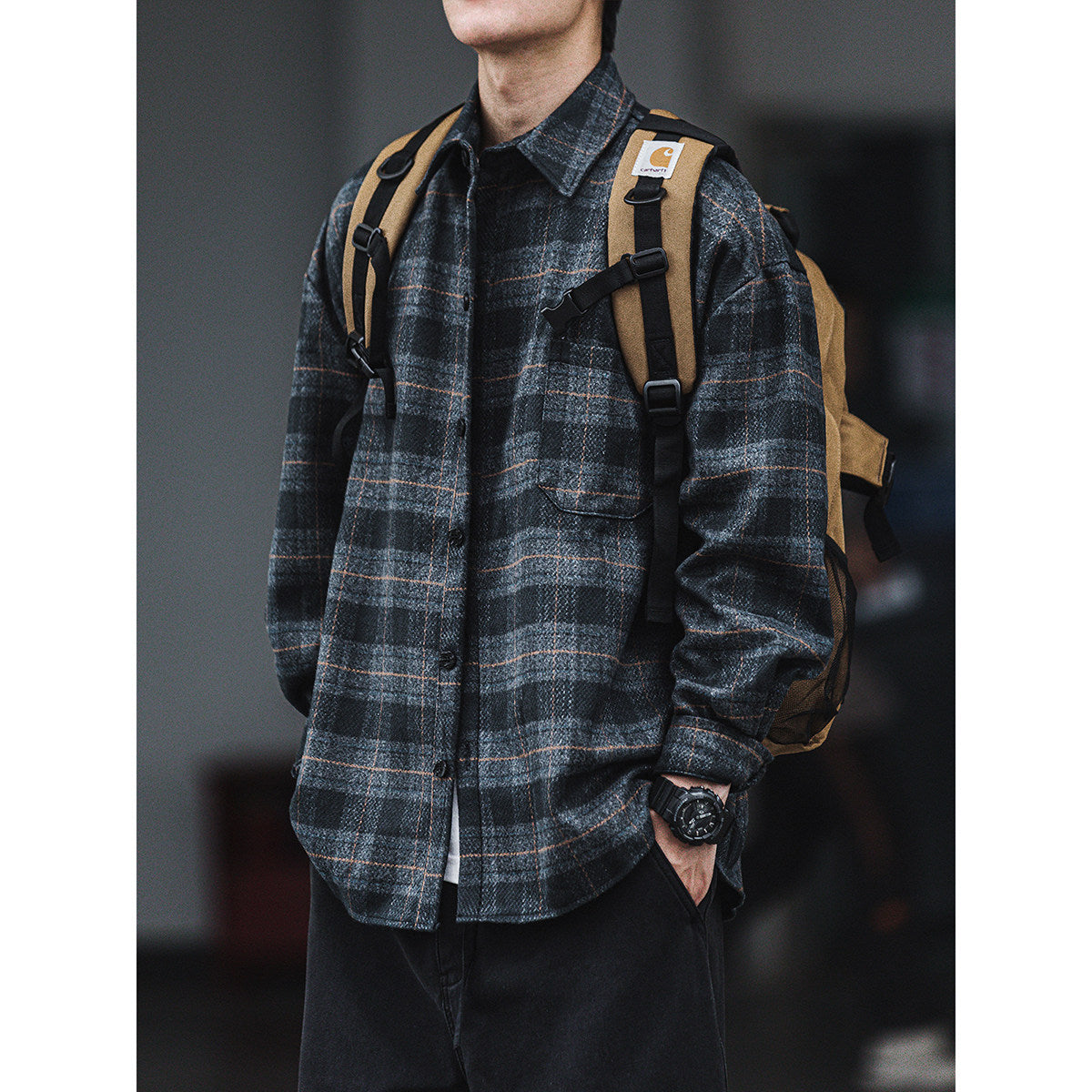 Retro Brushed Plaid Shirt – Thickened Loose Workwear Long Sleeve Jacket for Men – Japanese vintage | yamalin clothes | Yamalinclothes