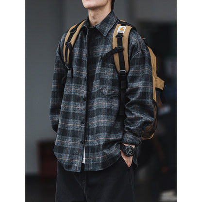 Retro Brushed Plaid Shirt – Thickened Loose Workwear Long Sleeve Jacket for Men – Japanese vintage | yamalin clothes | Yamalinclothes