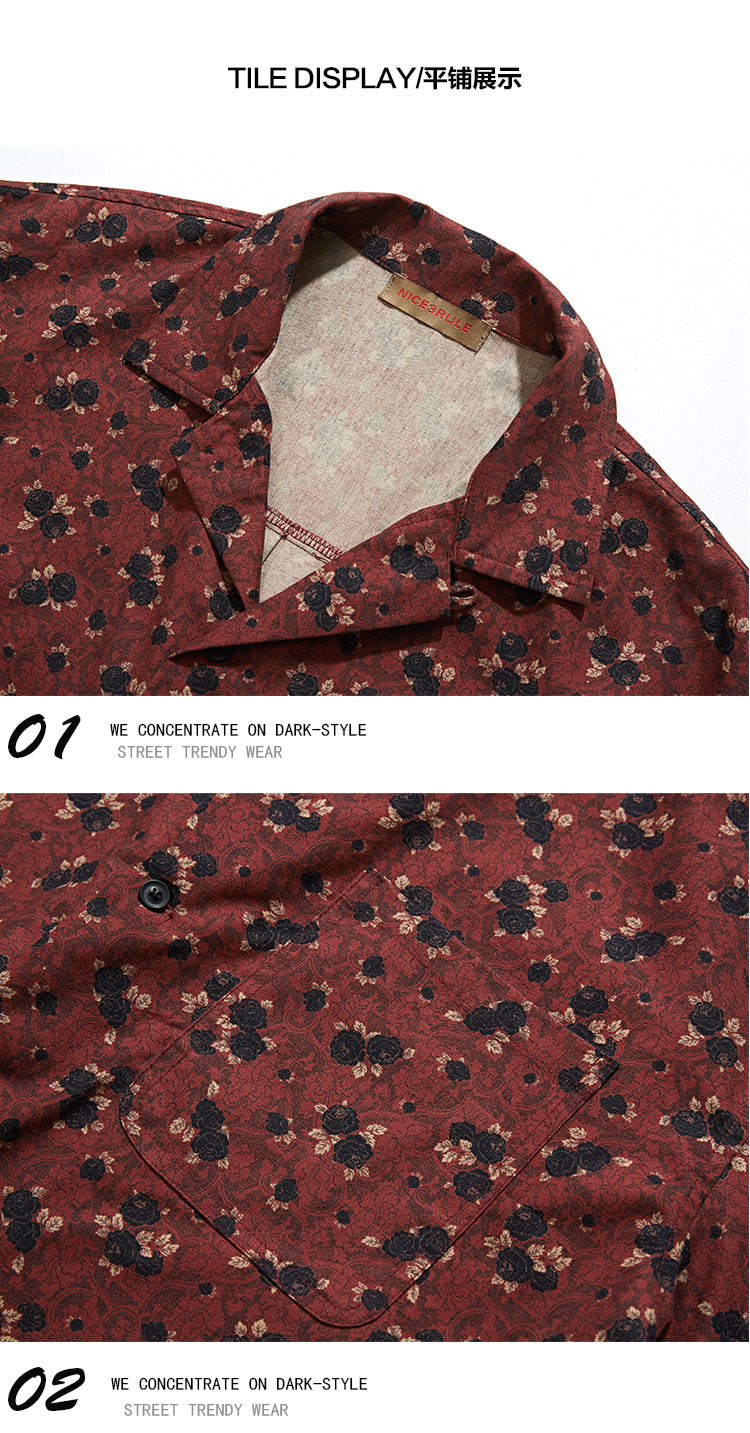 retro Hong Kong style floral full print Cuban collar men's handsome floral shirt summer cotton short sleeve shirt