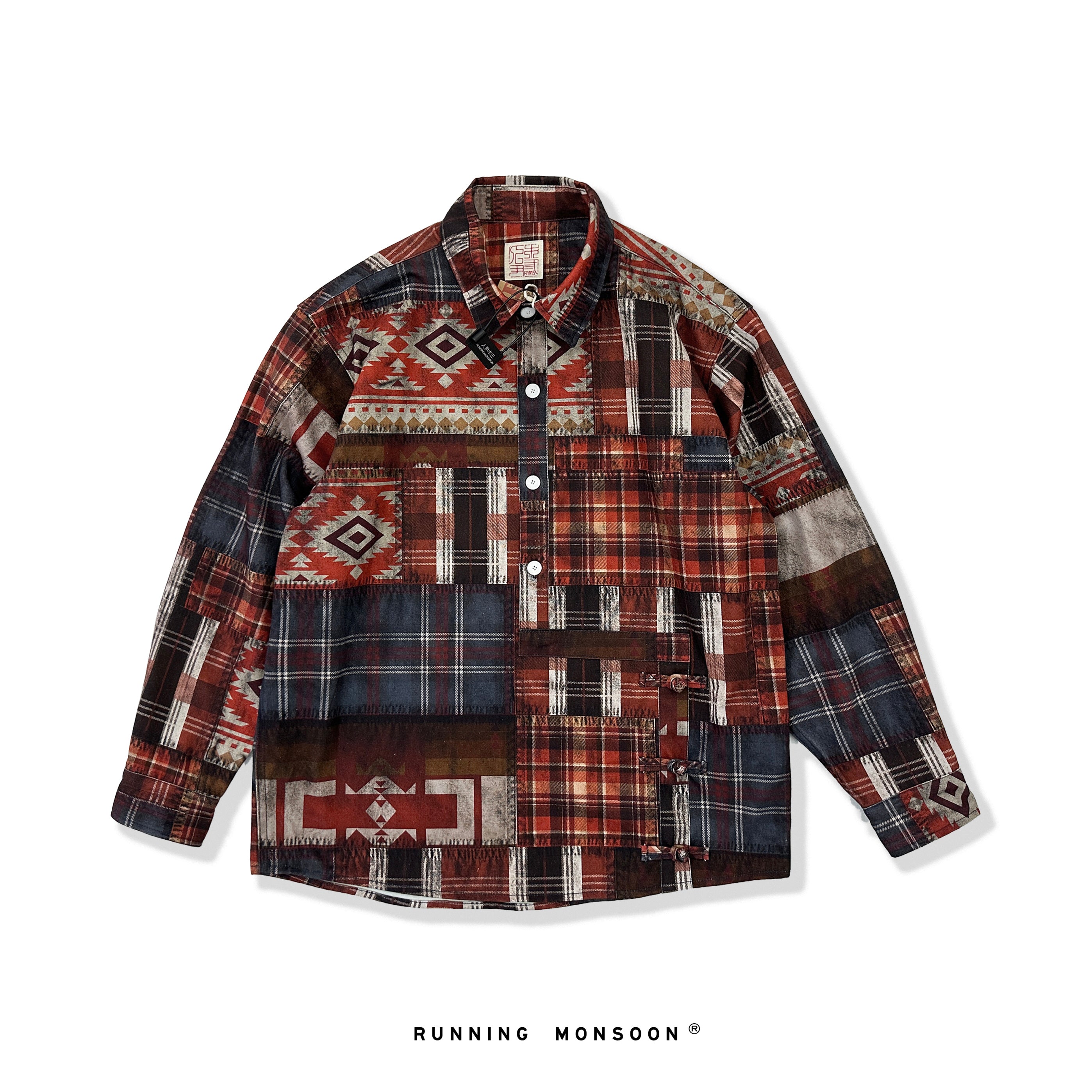 Original Menswear Retro Distressed Plaid Collage Printed Cotton Shirt Long Sleeve Shirt Autumn Winter New Arrivals