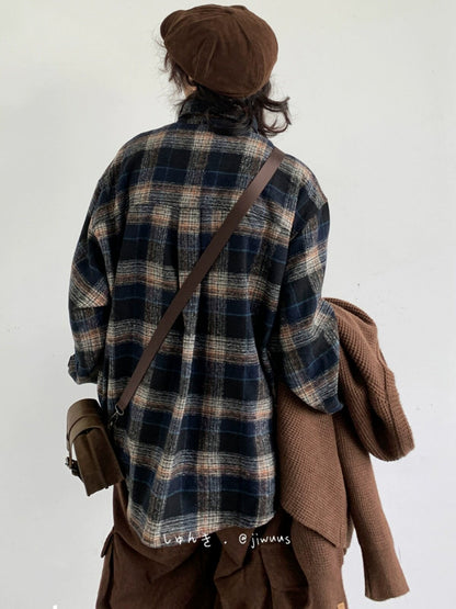 Japanese Vintage Wool-Blend Plaid Shirt – Oversized Unisex Long-Sleeve Preppy Shirt – Japanese vintage | yamalin clothes | Yamalinclothes