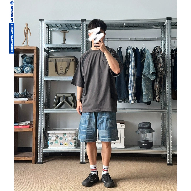 Summer menswear Japanese retro loose fit washed denim patchwork cargo shorts men's pants denim cropped pants men