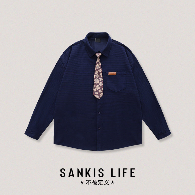 Vintage Neutral Waffle Knit Long Sleeve Shirt – Spring/Autumn Unisex Casual