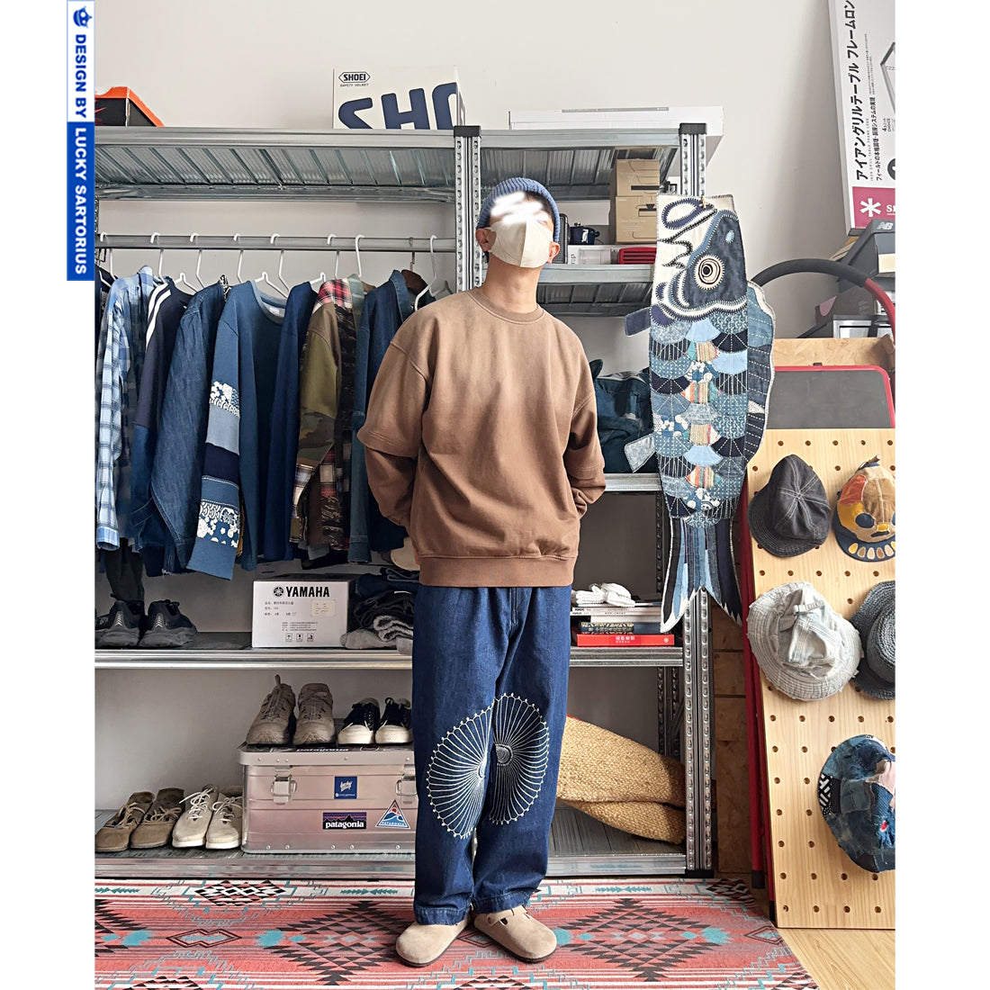 Japanese men's heavy washing fake two-piece sleeve round collar pullover long-sleeved sweater