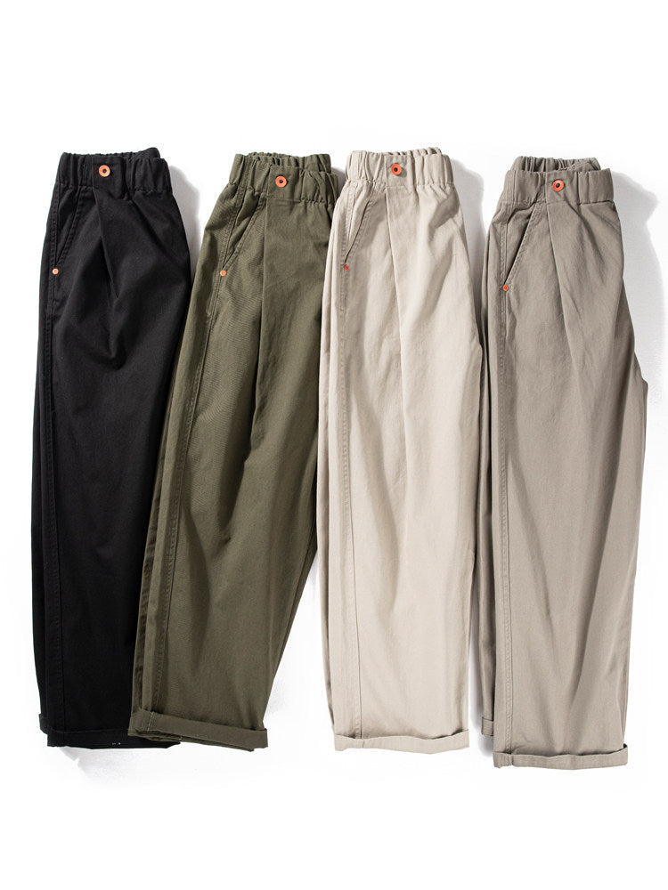 Wide-Leg Cotton Pants – Pleated Elastic Waist | Yamalinclothes | Vintage workwear outfit