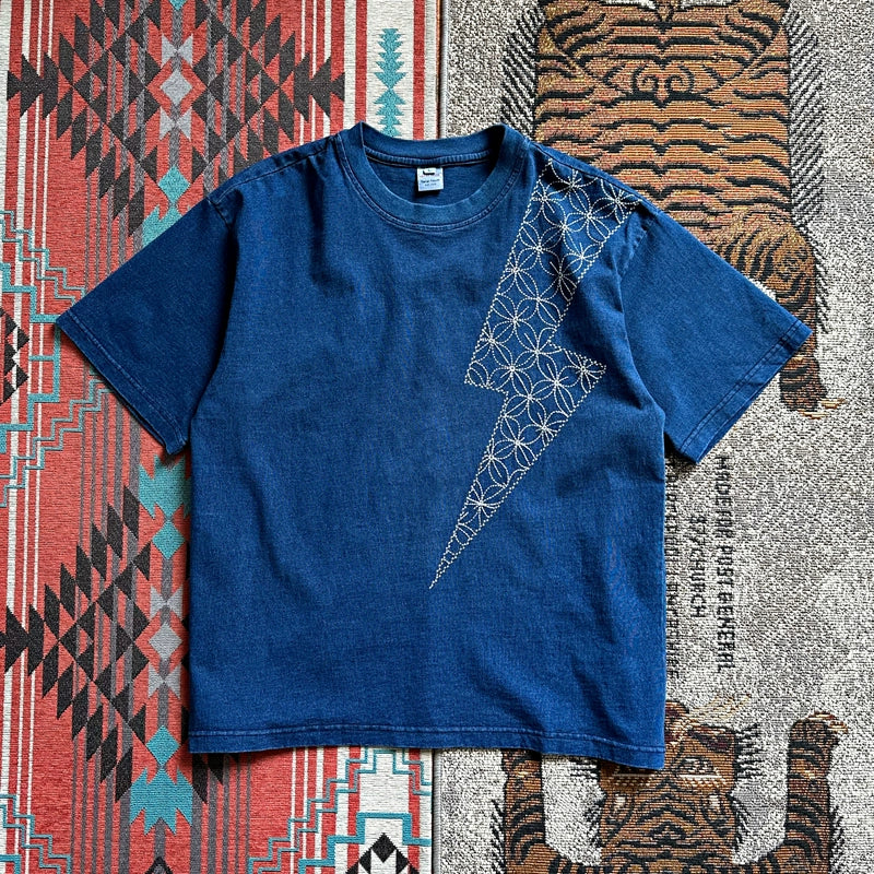 Japanese vintage men's lightning embroidery washed blue dyed denim men's top short sleeve crewneck T-shirt men's and women's t-shirts