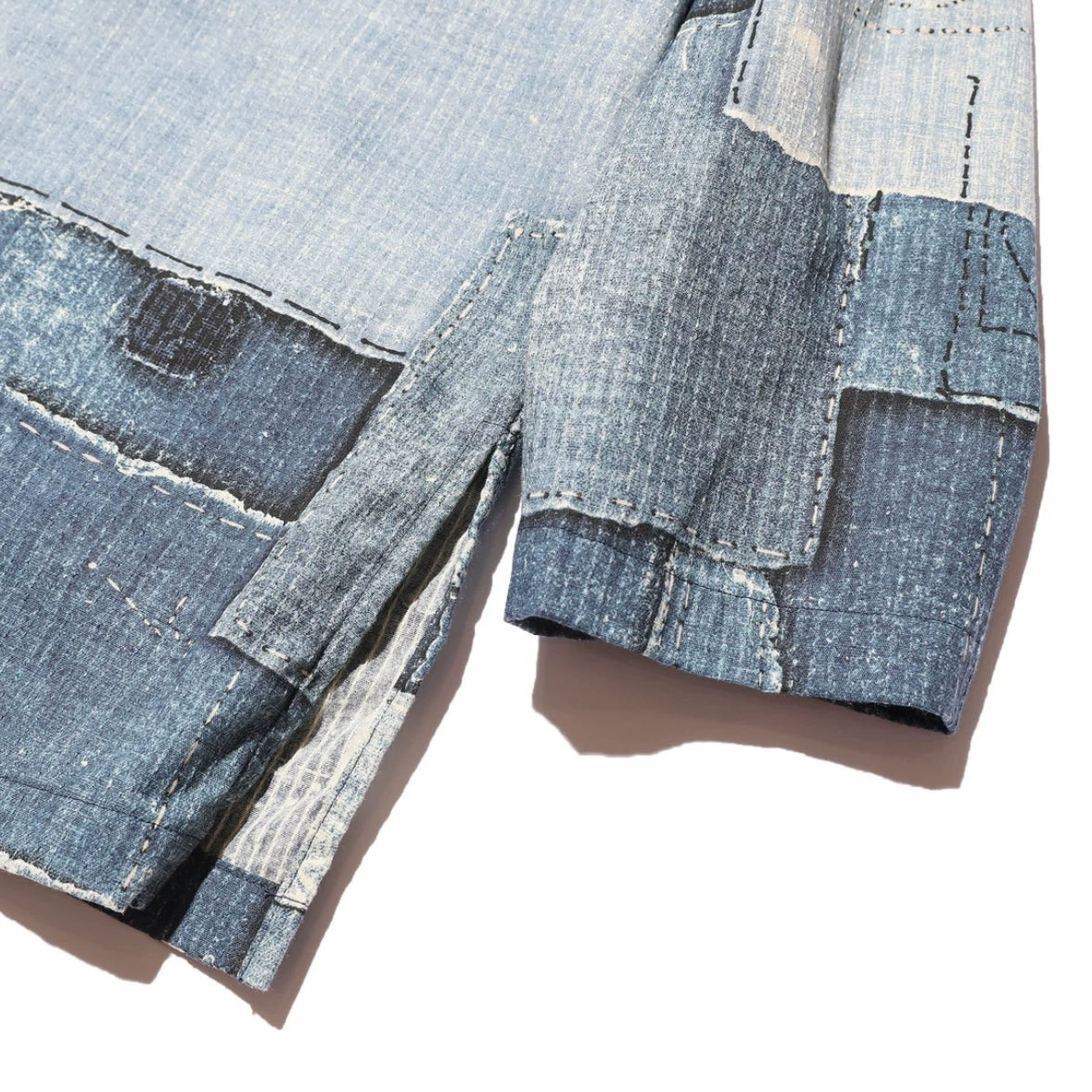 24AW Japanese retro men's and women's printed denim stitching destroyed collarless loose pullover long-sleeved shirt