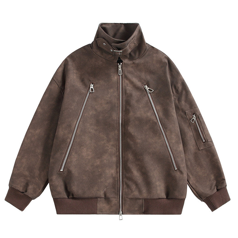 Double-Zip Stand-Collar PU Leather Jacket – Vintage Oversized Unisex