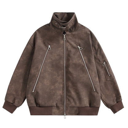 Double-Zip Stand-Collar PU Leather Jacket – Vintage Oversized Unisex