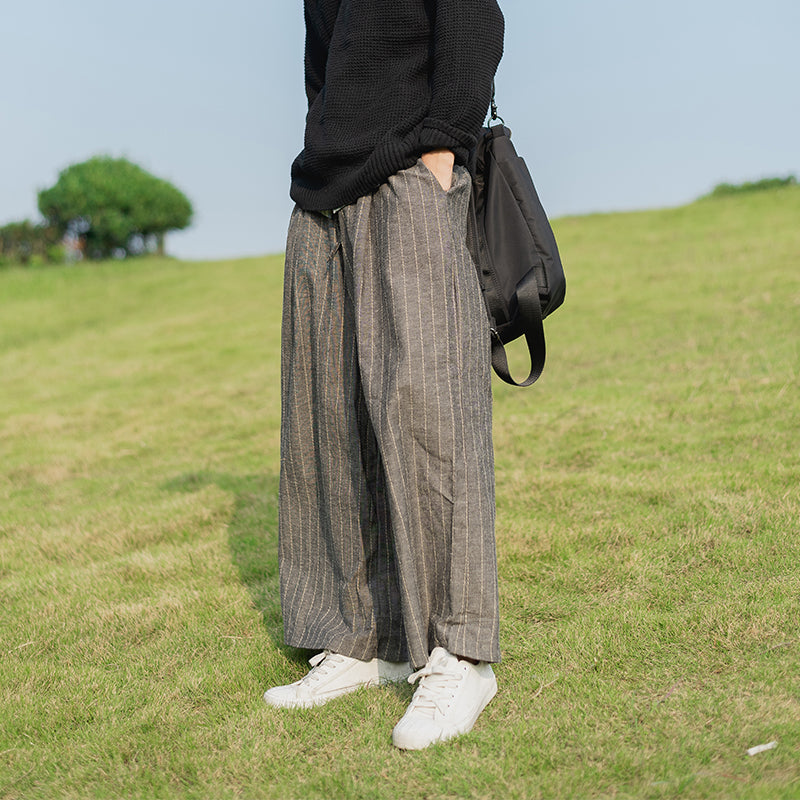 casual pants men's loose striped trousers cotton and linen Chinese style large size skirt pants Japanese retro art trend