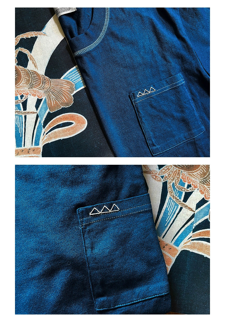 Plant indigo dyeing triangular sashiko embroidery pocket indigo short-sleeved solid color round neck T-shirt indigo men