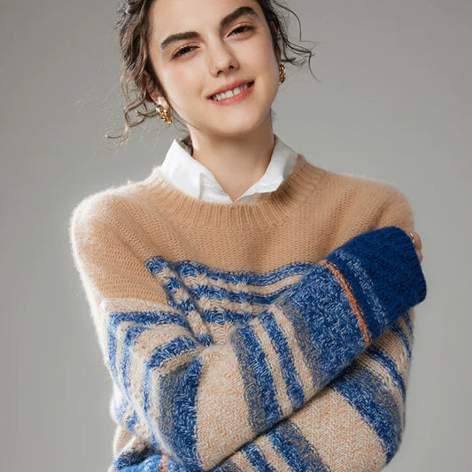 Autumn New Floral Yarn Color-Block Thickened Knit Crew Neck Cashmere Top, Fashionable Casual Commuting Versatile