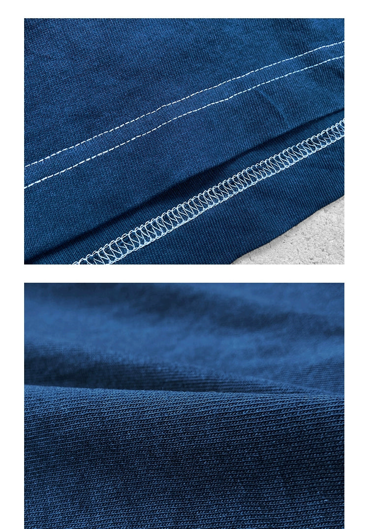 Plant indigo dyeing triangular sashiko embroidery pocket indigo short-sleeved solid color round neck T-shirt indigo men