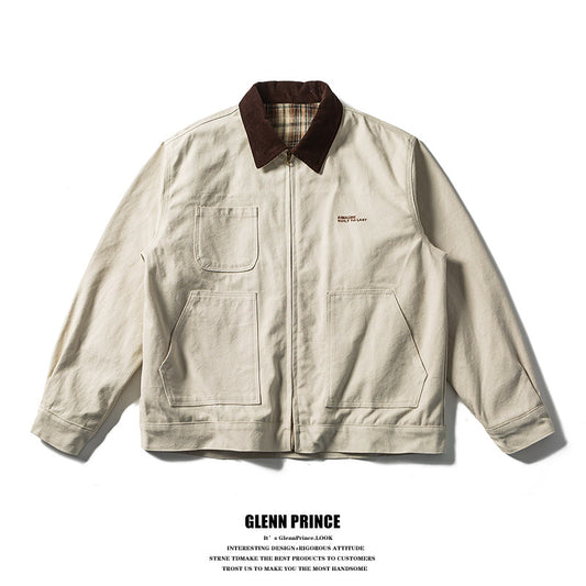 American Vintage Barn Style Contrast Lapel Jacket Men's Spring and Autumn Zipper Workwear Spring Thickened Jacket