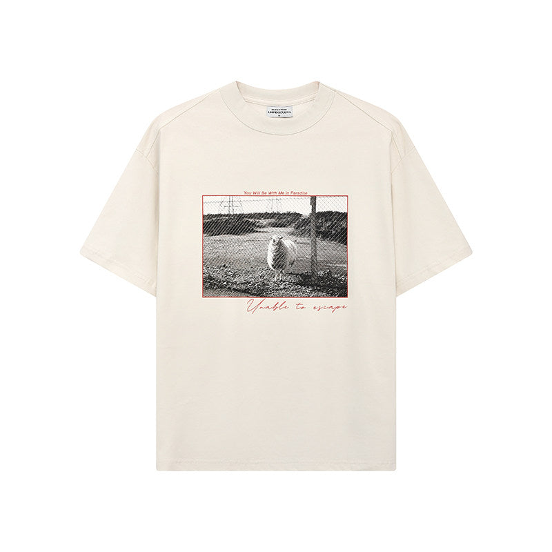 White ink direct printing cool-feel sun protection loose round neck short-sleeved shirt | Japanese vintage | yamalin clothes | Yamalinclothes