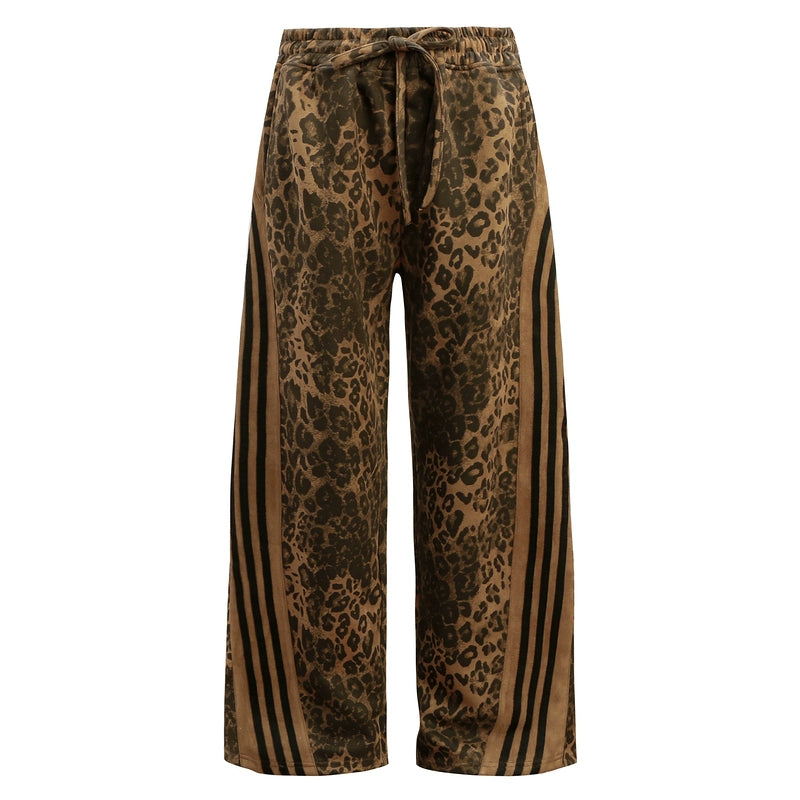 hip-hop American retro striped wide-footed leopard print pants, men's trendy brand, niche design, loose straight-leg slacks